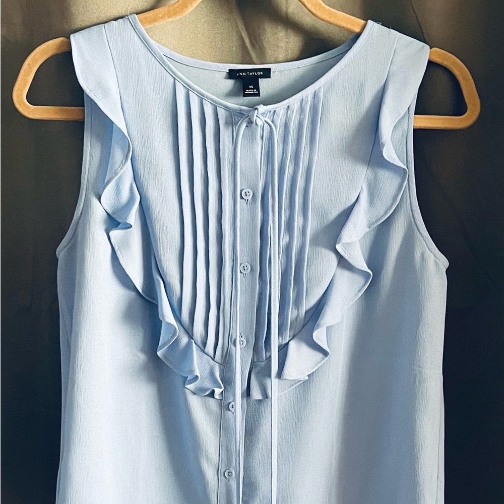 Ann Taylor Blue Pleated Bib Collar Blouse